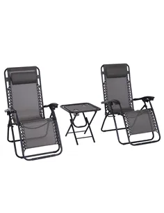 Outsunny 3pcs Folding Zero Gravity Chairs Sun Lounger Table Set w/ Cup Holders Reclining Garden Yard Pool, Dark Grey
