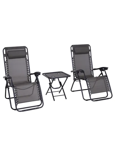 Outsunny 3pcs Folding Zero Gravity Chairs Sun Lounger Table Set w/ Cup Holders Reclining Garden Yard Pool, Dark Grey