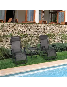 Outsunny 3pcs Folding Zero Gravity Chairs Sun Lounger Table Set w/ Cup Holders Reclining Garden Yard Pool, Dark Grey 2