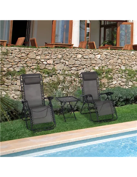 Outsunny 3pcs Folding Zero Gravity Chairs Sun Lounger Table Set w/ Cup Holders Reclining Garden Yard Pool, Dark Grey