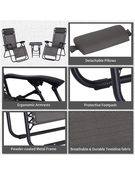 Outsunny 3pcs Folding Zero Gravity Chairs Sun Lounger Table Set w/ Cup Holders Reclining Garden Yard Pool, Dark Grey