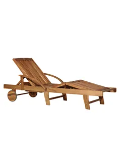 Outsunny Folding Wooden Sun Lounger, 4-Level Adjustable Garden Lounger Recliner with Side Tray and Wheels, Outdoor Reclining Sun