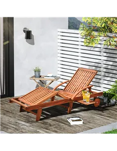 Outsunny Folding Wooden Sun Lounger, 4-Level Adjustable Garden Lounger Recliner with Side Tray and Wheels, Outdoor Reclining Sun 2