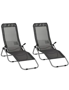 Outsunny Set of 2 Outdoor Patio Chaise Recliner Portable Lounge Chairs w/ Rust-Resistant Steel Frame & Adjustable Backrest, Grey