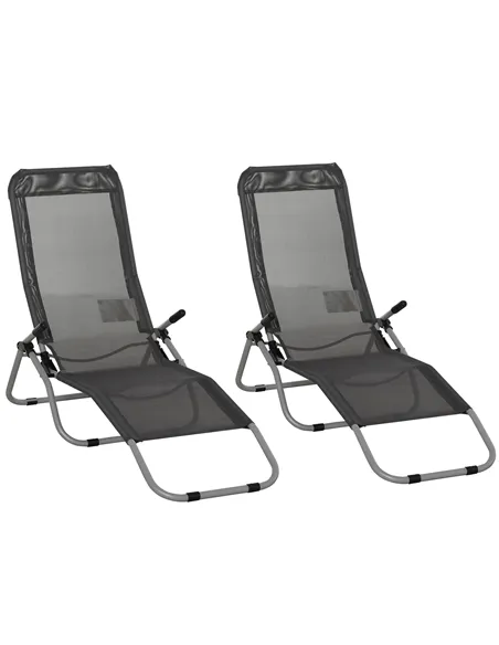 Outsunny Set of 2 Outdoor Patio Chaise Recliner Portable Lounge Chairs w/ Rust-Resistant Steel Frame & Adjustable Backrest, Grey