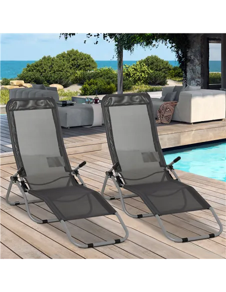 Outsunny Set of 2 Outdoor Patio Chaise Recliner Portable Lounge Chairs w/ Rust-Resistant Steel Frame & Adjustable Backrest, Grey