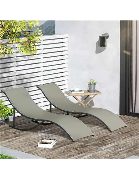 Outsunny Set of 2 S-shaped Foldable Lounge Chair Sun Lounger Reclining Outdoor Chair for Patio Beach Garden, Light Grey