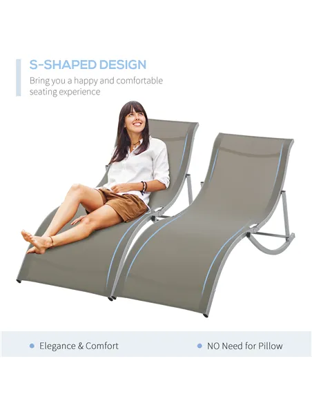 Outsunny Set of 2 S-shaped Foldable Lounge Chair Sun Lounger Reclining Outdoor Chair for Patio Beach Garden, Light Grey