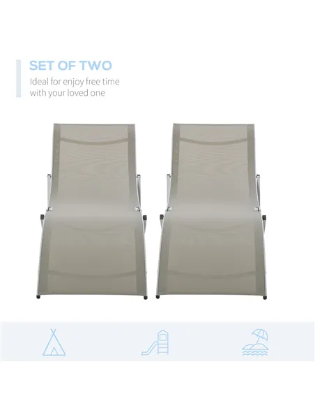 Outsunny Set of 2 S-shaped Foldable Lounge Chair Sun Lounger Reclining Outdoor Chair for Patio Beach Garden, Light Grey