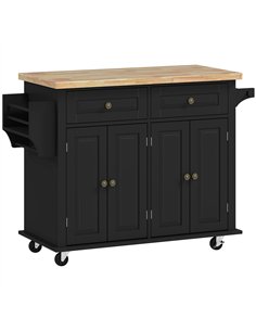 HOMCOM Rolling Kitchen Island Storage Trolley with Rubber Wood Top & Drawers for Dining Room, Black