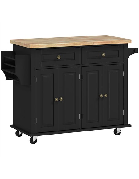 HOMCOM Rolling Kitchen Island Storage Trolley with Rubber Wood Top & Drawers for Dining Room, Black