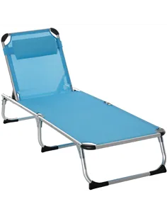 Outsunny Foldable Outdoor Sun Lounger, Reclining Lounge Chair Camping Bed Cot with Pillow 4-Level Adjustable Back Aluminium Fram