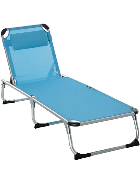 Outsunny Foldable Outdoor Sun Lounger, Reclining Lounge Chair Camping Bed Cot with Pillow 4-Level Adjustable Back Aluminium Fram