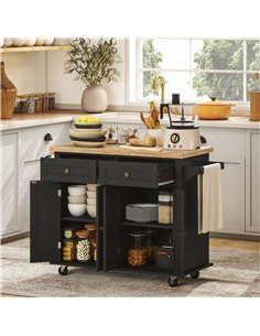 HOMCOM Rolling Kitchen Island Storage Trolley with Rubber Wood Top & Drawers for Dining Room, Black 2