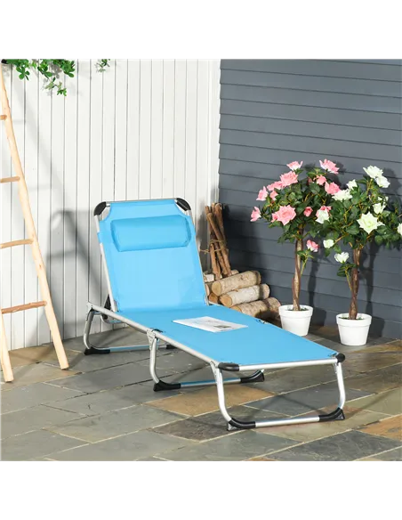 Outsunny Foldable Outdoor Sun Lounger, Reclining Lounge Chair Camping Bed Cot with Pillow 4-Level Adjustable Back Aluminium Fram