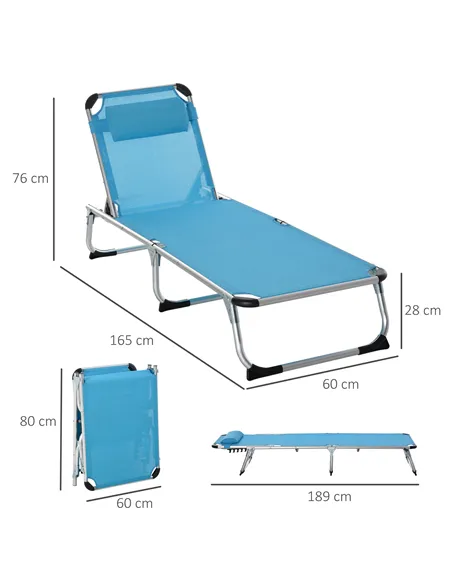 Outsunny Foldable Outdoor Sun Lounger, Reclining Lounge Chair Camping Bed Cot with Pillow 4-Level Adjustable Back Aluminium Fram