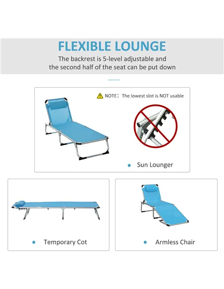 Outsunny Foldable Outdoor Sun Lounger, Reclining Lounge Chair Camping Bed Cot with Pillow 4-Level Adjustable Back Aluminium Fram