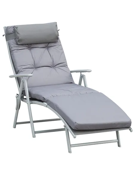 Outsunny Steel Frame Outdoor Garden Padded Sun Lounger w/ Pillow Grey