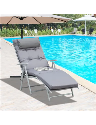 Outsunny Steel Frame Outdoor Garden Padded Sun Lounger w/ Pillow Grey