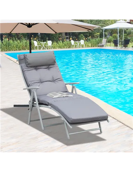 Outsunny Steel Frame Outdoor Garden Padded Sun Lounger w/ Pillow Grey