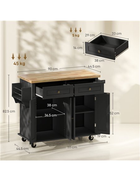 HOMCOM Rolling Kitchen Island Storage Trolley with Rubber Wood Top & Drawers for Dining Room, Black