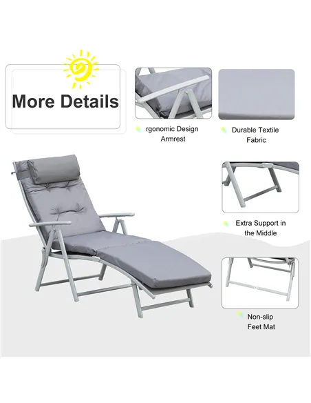 Outsunny Steel Frame Outdoor Garden Padded Sun Lounger w/ Pillow Grey
