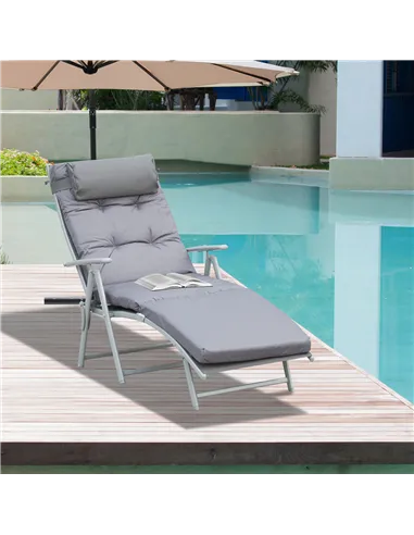 Outsunny Steel Frame Outdoor Garden Padded Sun Lounger w/ Pillow Grey