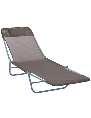 Outsunny Outdoor Foldable Sun Lounger, Adjustable Backrest Garden Recliner Sun Lounger Chair with Headrest Pillow, Coffee