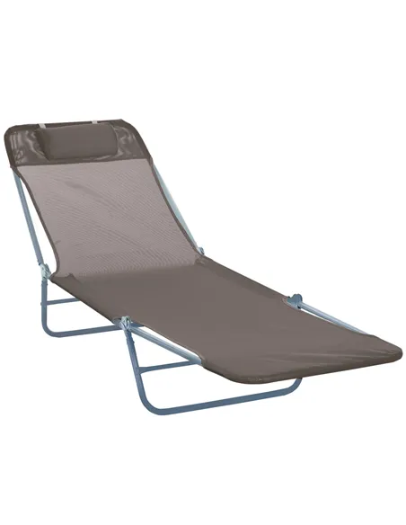Outsunny Outdoor Foldable Sun Lounger, Adjustable Backrest Garden Recliner Sun Lounger Chair with Headrest Pillow, Coffee