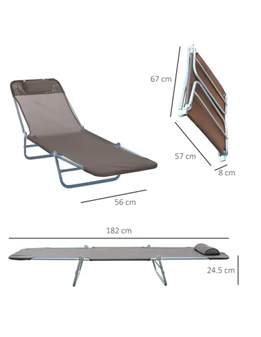 Outsunny Outdoor Foldable Sun Lounger, Adjustable Backrest Garden Recliner Sun Lounger Chair with Headrest Pillow, Coffee