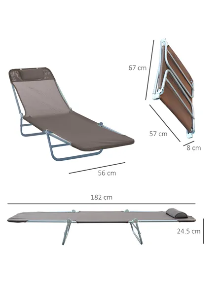 Outsunny Outdoor Foldable Sun Lounger, Adjustable Backrest Garden Recliner Sun Lounger Chair with Headrest Pillow, Coffee