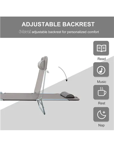 Outsunny Outdoor Foldable Sun Lounger, Adjustable Backrest Garden Recliner Sun Lounger Chair with Headrest Pillow, Coffee