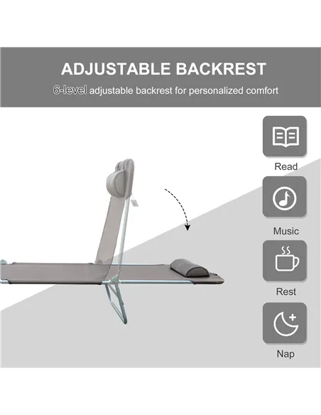 Outsunny Outdoor Foldable Sun Lounger, Adjustable Backrest Garden Recliner Sun Lounger Chair with Headrest Pillow, Coffee