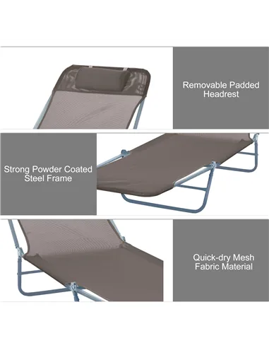 Outsunny Outdoor Foldable Sun Lounger, Adjustable Backrest Garden Recliner Sun Lounger Chair with Headrest Pillow, Coffee