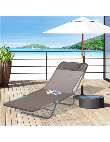 Outsunny Outdoor Foldable Sun Lounger, Adjustable Backrest Garden Recliner Sun Lounger Chair with Headrest Pillow, Coffee
