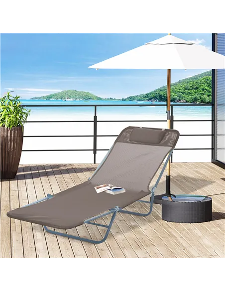 Outsunny Outdoor Foldable Sun Lounger, Adjustable Backrest Garden Recliner Sun Lounger Chair with Headrest Pillow, Coffee