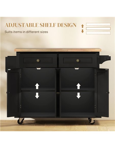 HOMCOM Rolling Kitchen Island Storage Trolley with Rubber Wood Top & Drawers for Dining Room, Black
