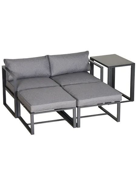 Outsunny 5 Piece Garden Aluminium Conversation Sofa Set Patio Furniture Set Outdoor 2 Sofas 2 Footstools End Table with Cushions
