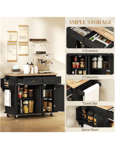 HOMCOM Rolling Kitchen Island Storage Trolley with Rubber Wood Top & Drawers for Dining Room, Black