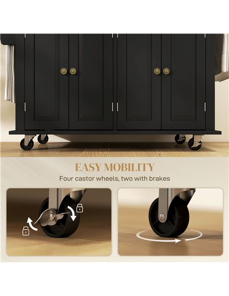 HOMCOM Rolling Kitchen Island Storage Trolley with Rubber Wood Top & Drawers for Dining Room, Black