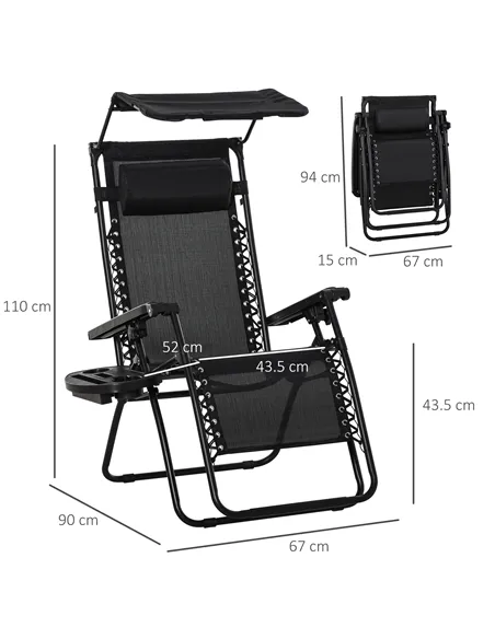 Outsunny Folding Zero Gravity Sun Lounger, with Sun Canopy - Black
