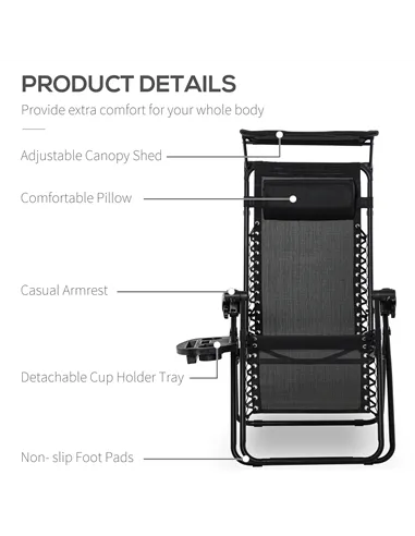 Outsunny Folding Zero Gravity Sun Lounger, with Sun Canopy - Black