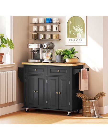 HOMCOM Rolling Kitchen Island Storage Trolley with Rubber Wood Top & Drawers for Dining Room, Black
