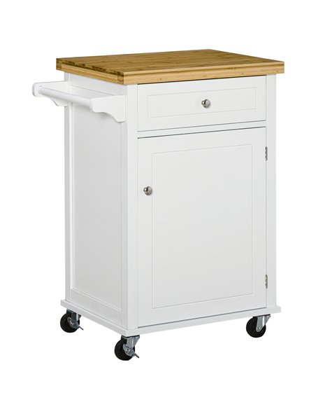 HOMCOM Kitchen Cart Storage Trolley Wooden Cabinet with Drawer Cupboard Towel Rail White