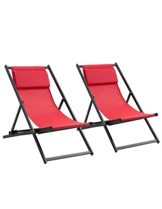 Outsunny Set of 2 Folding Garden Beach Aluminium Frame Deck Chairs Deckchairs Seaside Folding Garden Patio Lounger, Red