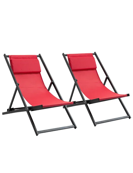 Outsunny Set of 2 Folding Garden Beach Aluminium Frame Deck Chairs Deckchairs Seaside Folding Garden Patio Lounger, Red