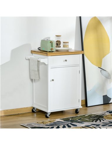 HOMCOM Kitchen Cart Storage Trolley Wooden Cabinet with Drawer Cupboard Towel Rail White