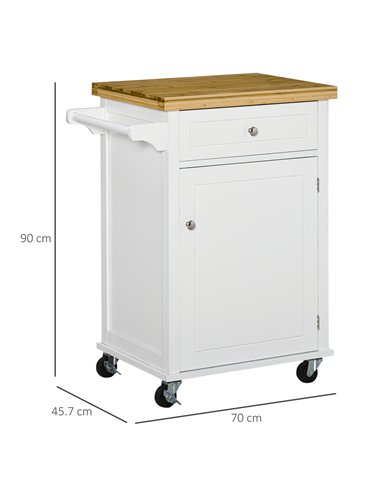 HOMCOM Kitchen Cart Storage Trolley Wooden Cabinet with Drawer Cupboard Towel Rail White