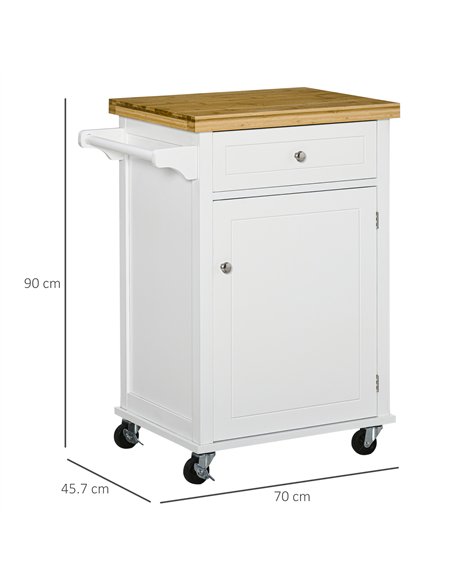 HOMCOM Kitchen Cart Storage Trolley Wooden Cabinet with Drawer Cupboard Towel Rail White