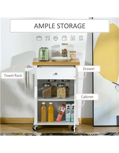 HOMCOM Kitchen Cart Storage Trolley Wooden Cabinet with Drawer Cupboard Towel Rail White